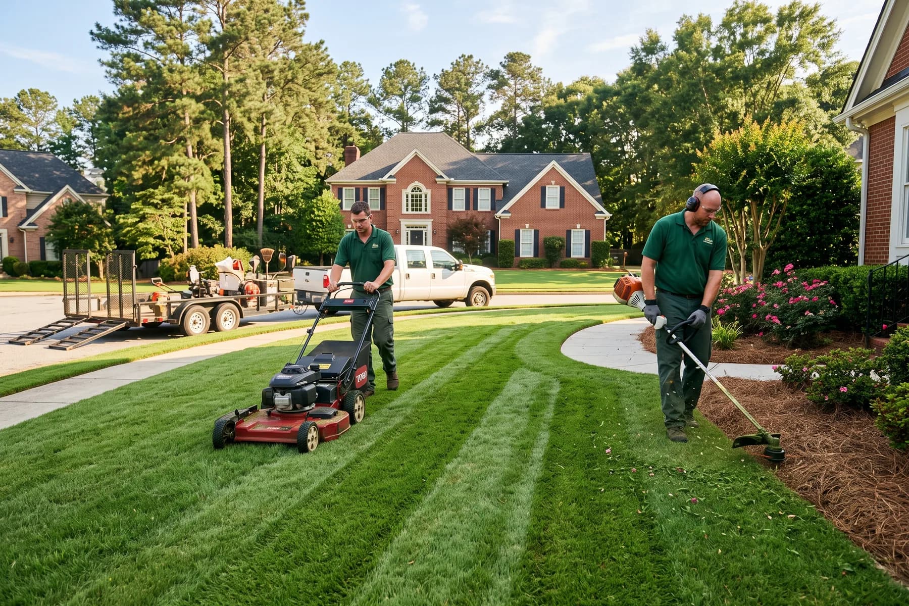 Two Apex Lawn & Landscape crew members mowing and edging an Atlanta front yard
